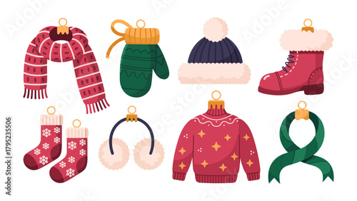 Festive Winter Accessories: A charming array of winter accessories, each adorned with seasonal details, set against a pristine backdrop, creating a sense of cozy warmth and holiday spirit.