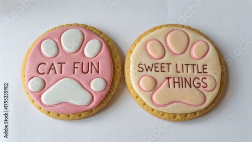 Two decorated paw-shaped cookies with frosting details