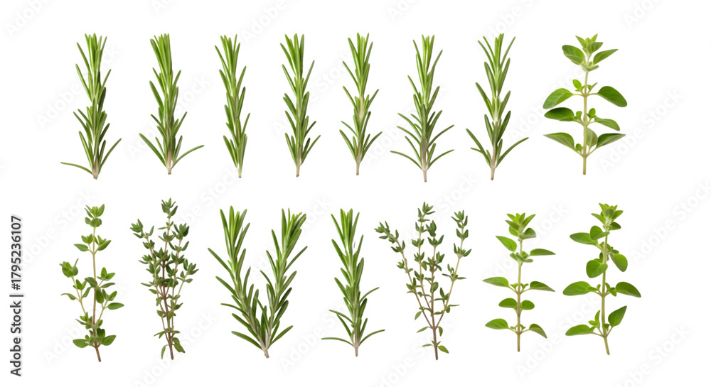 Fototapeta premium Collection of fresh rosemary and oregano herb sprigs isolated on transparent background