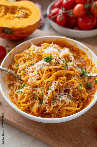 Delicious homemade Spaghetti with tomato pumpkin sauce and parmesan cheese, Healthy food