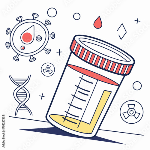 Illustration of medical test tube with virus and dna