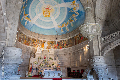 Viana do Castelo, Portugal. Interior view of the Sanctuary of Santa Luzia showing the main altar and the dome frescoes, allegory of the Sacred Heart of Jesus in Byzantine and Romanesque Revival
