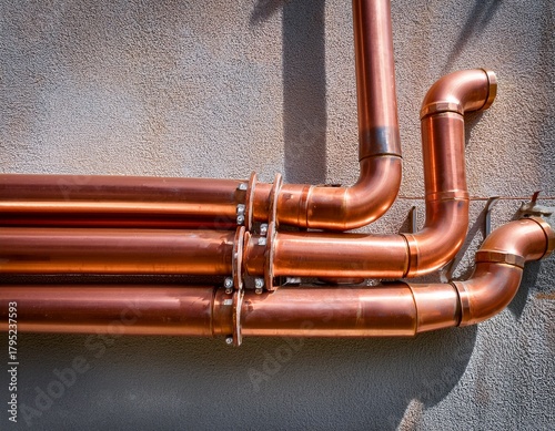 sleek copper pipes neatly affixed to a concrete wall architecture pipework