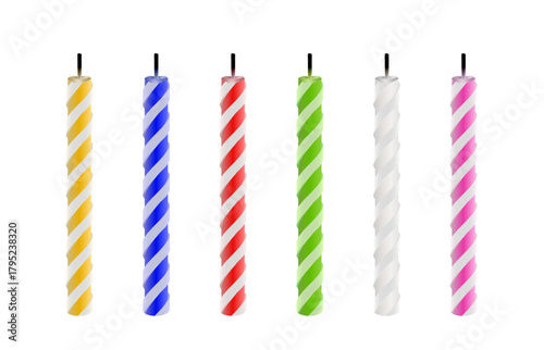 3d realistic vector icon illustration. Birthday cake colorful candles on white background.