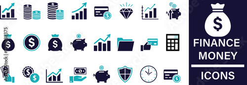 Modern finance money vector set featuring cash, currency, wallet, and payment elements in clean flat and outline styles. Perfect for banking, budgeting, financial apps, and economic design projects.