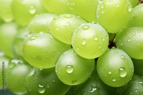 Close-up of Fresh Green Grapes with Water Droplets, Healthy Fruit Snack, Indoor Shot, Vitamin-Rich, Vibrant Colors.