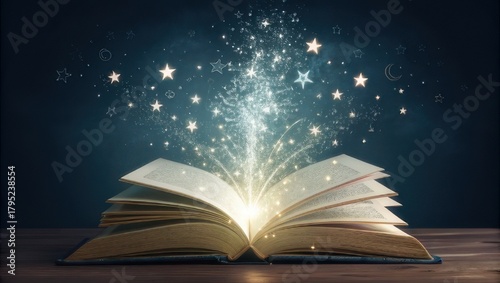Unlock boundless imagination as a magical story bursts forth from an open book, scattering stardust and dreams across a whimsical night sky, inspiring wonder.