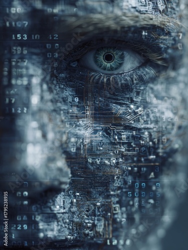 Wallpaper Mural  Close-up of Artificial Intelligence Face with Circuit Board Texture and Digital Code Overlay, Technology Future Theme. Torontodigital.ca