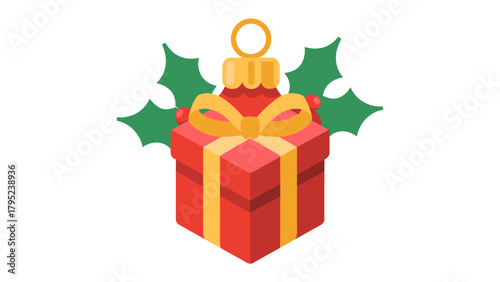 Christmas Gift: Capturing the festive season's essence with a beautifully wrapped gift adorned with a golden ribbon, festive bauble, and traditional holly leaves.