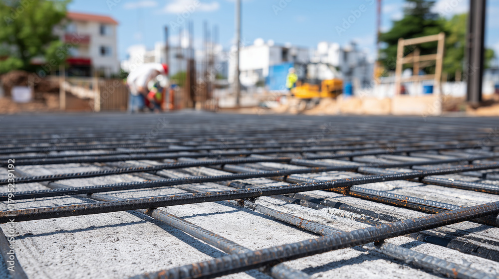 Fototapeta premium Close-up of metal rebar grid integrated with conduit paths around a house construction base