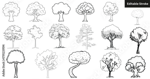 Set of 17 hand-drawn tree icons. Doodle nature, forest, and plant vector illustration.