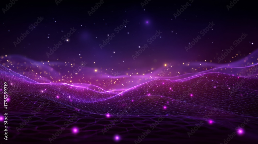 Fototapeta premium Purple Digital Landscape 3D Render of Abstract Network, glowing particles, waves. Digital art, abstract background Digital art, Abstract background