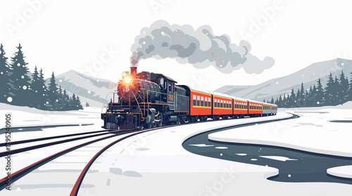 Black steam locomotive turning on snowy tracks train crossing in snow