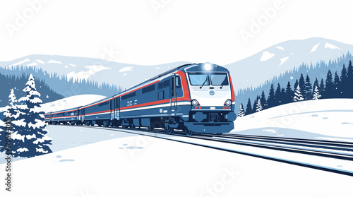 Modern passenger train gliding through snowy hills train crossing in snow