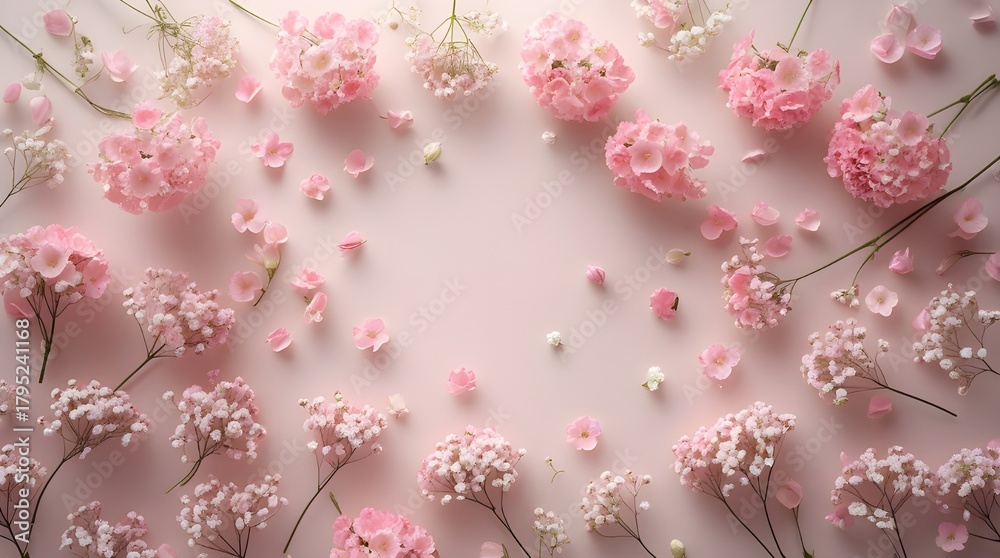 Fototapeta premium Pink Gypsophila Floral Background – Elegant Flat Lay Pattern