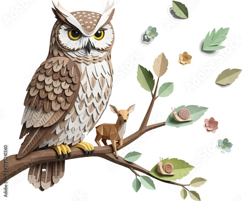 Little brown owl perched on a tree branch in a natural wildlife setting