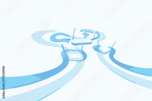 Abstract representation of wireless network routers emitting signals on white wifi