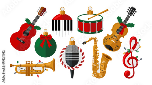 Festive Melodies: A collection of vibrant Christmas ornaments, each exquisitely designed to resemble classic musical instruments, evokes the joy of the holidays and the timeless appeal of music. 