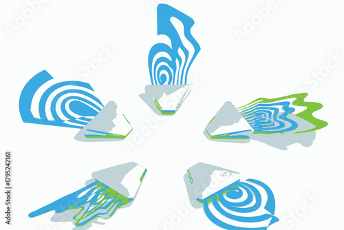 Five Abstract Jellyfish Shapes with Swirling Blue and Green Patterns marine life