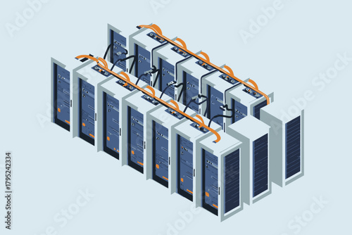Isometric view of interconnected server racks with orange network cables data center