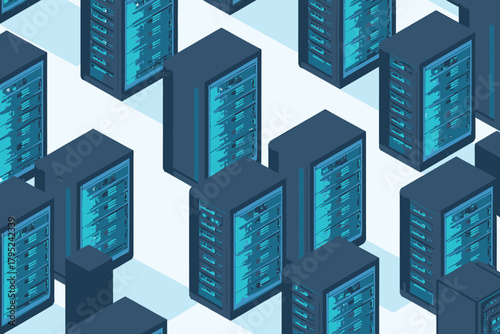 Isometric view of a data center server room with multiple racks computer technology