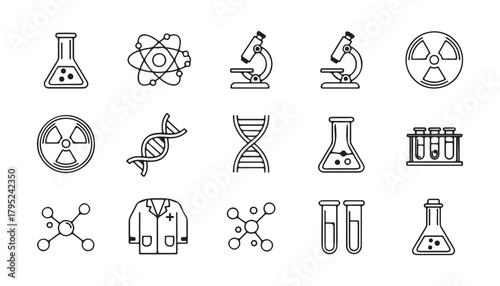 Laboratory equipment with science related objects in line drawing style isolated on white background