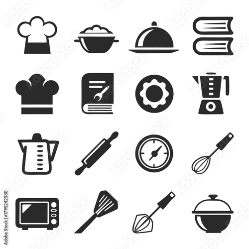 Illustration showing various kitchen related items including cookware, tools, and appliances for cooking use