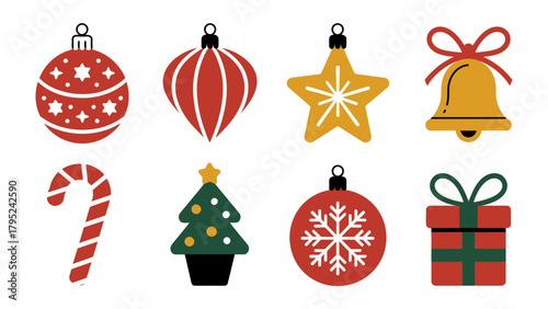 Festive Ornaments: A vibrant arrangement of classic holiday ornaments, including baubles, stars, bells, and gift boxes, ready to adorn and spread holiday cheer.