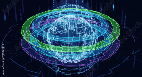 Futuristic digital globe with glowing rings and complex data streams, representing global technology and connectivity.