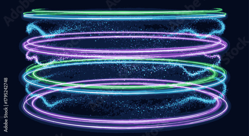 Abstract swirling energy rings and glowing particles create a dynamic futuristic science fiction visual effect.