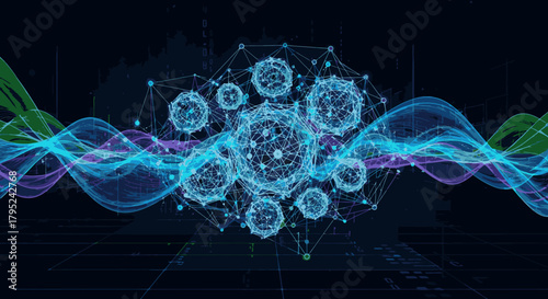 Abstract digital rendering of microscopic virus particles connected by a glowing network against a dark background with data visualizations.