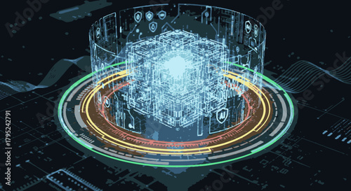 A futuristic digital cube is displayed with a glowing interface, showcasing advanced technology and data visualization in a modern, abstract design.