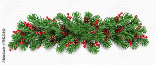 Vector realistic pine tree branches, cones and red berries isolated on a transparent background. Holiday Christmas tree garland for winter decoration banner, poster, greeting card.
