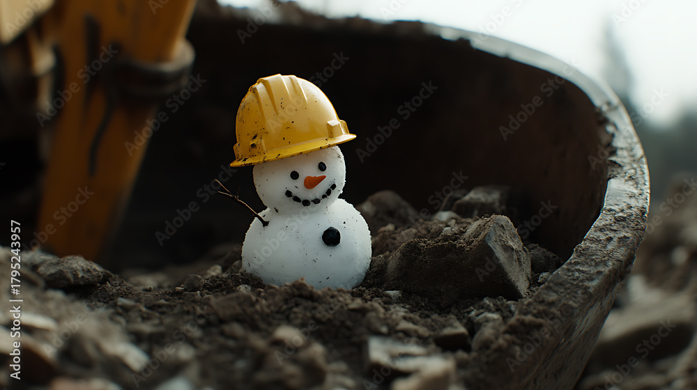Obraz premium A whimsical snowman, adorned with a vibrant yellow hardhat, stands merrily in a bucket filled with soil. The juxtaposition of winter and construction creates a unique scene.