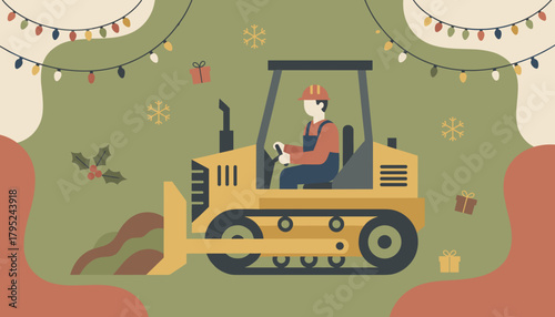 Festive heavy equipment operator working during the Christmas holidays flat vector illustration