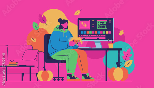 Young person gaming or developing on a desktop PC at home enjoying autumn leisure time