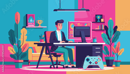 Gamerbusiness professional works on a computer in a vibrant stylized home office setting