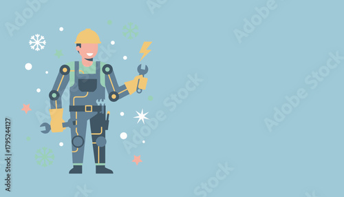 Smiling worker in exoskeleton suit holds wrenches Technical support labor and maintenance illustration