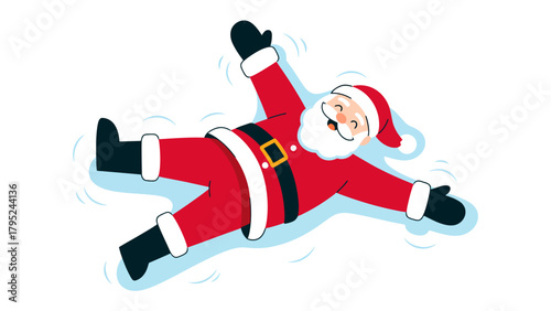 Jolly Santa Making a Snow Angel: A cheerful illustration of a Santa Claus figure, happily sprawled in the snow. Santa is adorned in his iconic red suit and a jovial expression.
