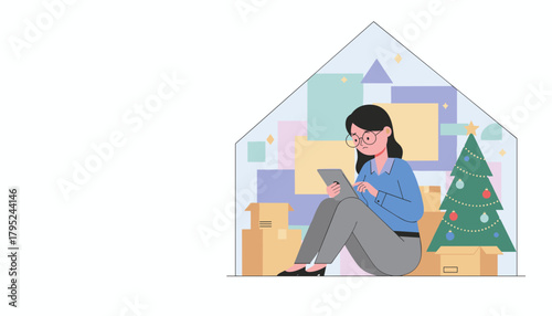 Woman managing tasks on a tablet among moving boxes and Christmas decorations inside a house outline