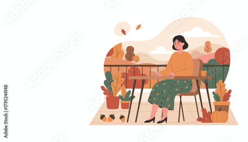 Relaxing woman enjoying quiet autumn nature view from balcony Seasonal coziness and solitude