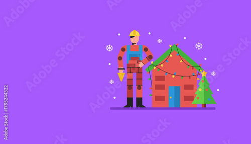 Mason next to a brick house decorated for Christmas during snowfall