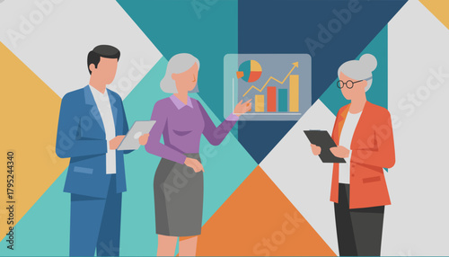 Diverse business team analyzing market data and financial growth presentation