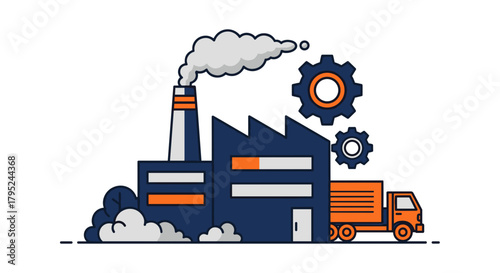 Factory and shipping truck vector icon Industry production logistics and supply chain concept