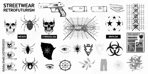 Streetwear retrofuturism graphic design elements featuring skulls spiders cyberpunk and brutalist motifs