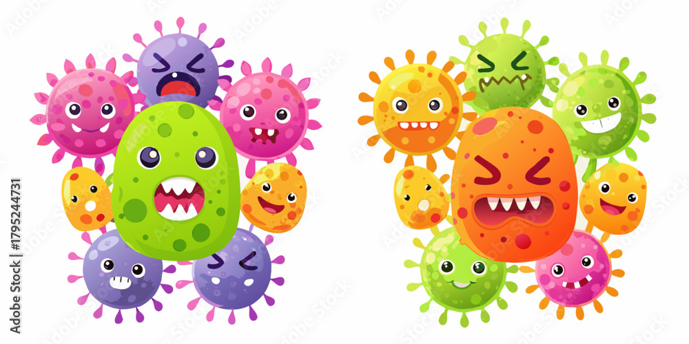 Naklejka premium Cute cartoon viruses and bacteria characters with different emotions and expressions