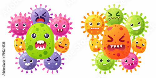Cute cartoon viruses and bacteria characters with different emotions and expressions