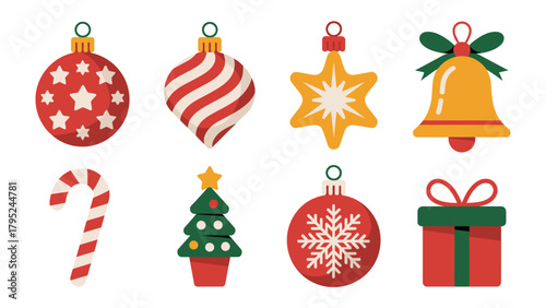 Festive Christmas Ornaments: A vibrant collection of Christmas ornaments, each a symbol of holiday cheer, with ornaments including a festive candy cane, a bell, a gift, star shape,Christmas tree.