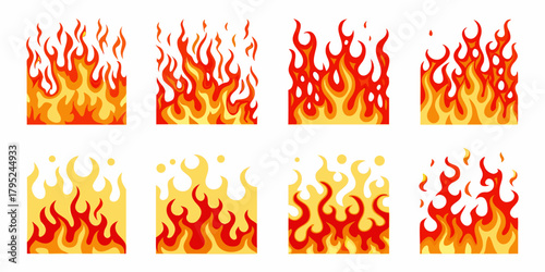 Collection of stylized cartoon fire flames and embers in various shapes and sizes