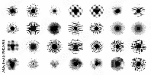 Collection of diverse black and white halftone dot patterns and radial designs on white background